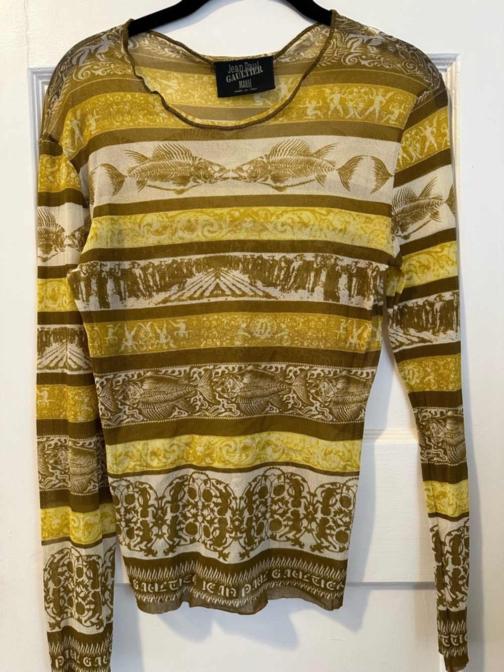 Vintage Jean Paul Gaultier Mesh Yellow & Brown Striped Sheer Baroque Fish Top